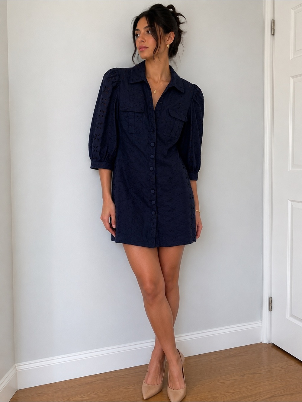 INC Navy Eyelet Button-Front Shirt Dress